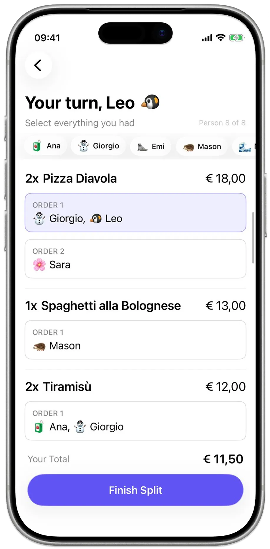 Roundsplit app showing a split receipt